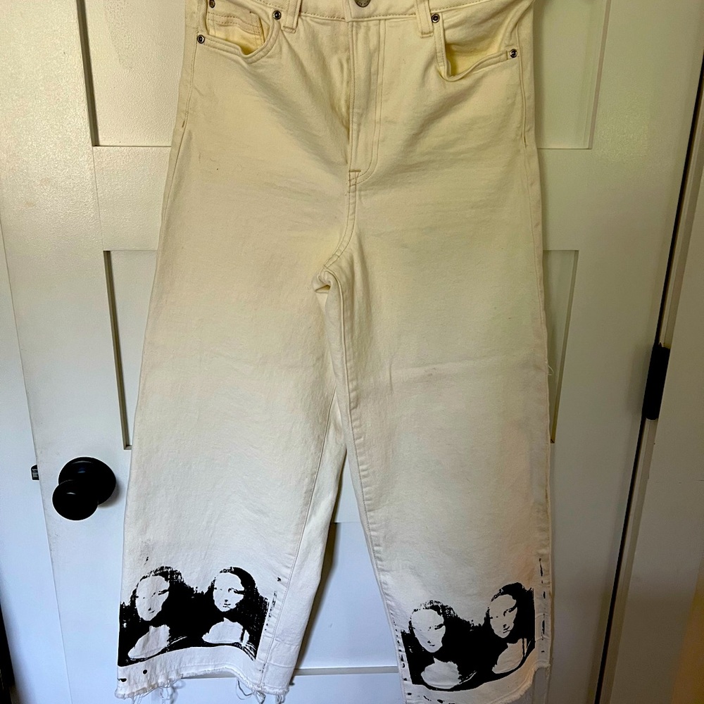 ONE OF A KIND NEW NEVER WORN, Wide leg denim featuring Warhols Mona Lisa